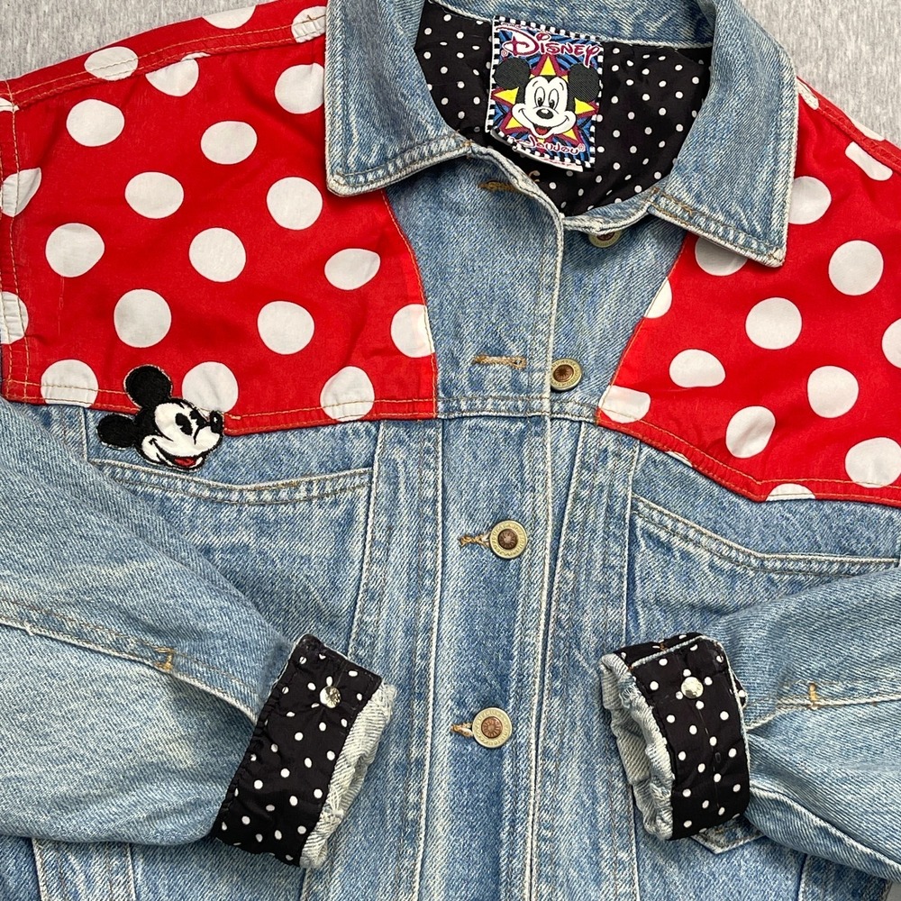 Vtg Disney Joujou Mickey Minnie Mouse Denim Jacket S Polka Dot Western Cropped